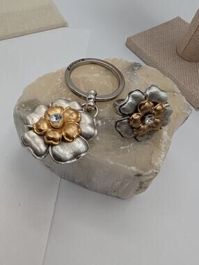 Brighton Two-Tone Flower Ring & Keychain Set Silver Gold Tone Crystal Fashion